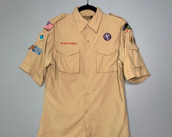 Vintage Boy Scout Uniform Shirt Halloween Costume 90s Utilitarian 1990s Grunge Top Cub Patches Blue Youth Large Womens Small Medium