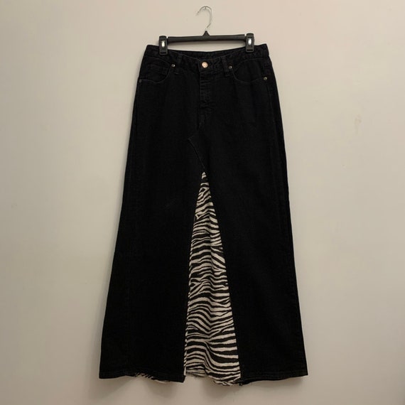 Vintage Long Black Denim Skirt w/ Zebra Print