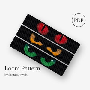 Puede incluir: Un patrón de telar para un brazalete de cuentas con fondo negro y tres filas de ojos coloridos. Los ojos son verdes, naranjas y rojos. El patrón está etiquetado como "Loom Pattern by Scarab Jewels".