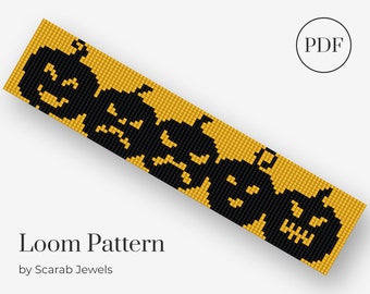Halloween Pumpkins Pattern | Loom Beading Bracelet | Cuff Bead Pattern | Miyuki Delica | PDF Instant Download