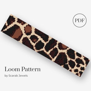 May include: A loom pattern for a beaded bracelet with a leopard print design. The pattern is in black, brown, and beige colours. The pattern is available as a PDF download. Loom Pattern by Scarab Jewels.