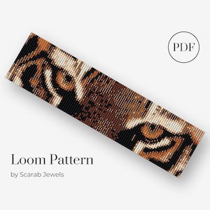 May include: A loom beading pattern for a bracelet featuring a close-up of a tiger's eye. The pattern is in PDF format and is by Scarab Jewels.