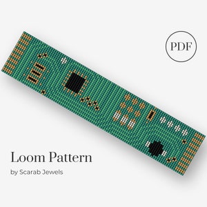 May include: A loom pattern for a beaded bracelet with a green, black, gold, and white color scheme. The pattern resembles a circuit board. The text "Loom Pattern" and "by Scarab Jewels" is visible below the image. The text "PDF" is visible in a circle in the upper right corner of the image.