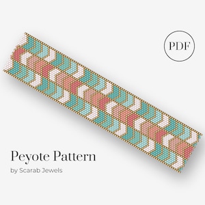 May include: A peyote stitch beading pattern for a bracelet with a geometric design in shades of white, teal, and peach. The pattern is labeled "Peyote Pattern" and "by Scarab Jewels".