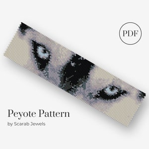 May include: A black and white peyote stitch beading pattern of a dog's face with blue eyes. The pattern is labeled "Peyote Pattern" and "by Scarab Jewels".