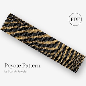 May include: A black and gold peyote stitch beading pattern for a bracelet. The pattern features a zebra-like stripe design. The pattern is available as a PDF download. "Peyote Pattern" and "by Scarab Jewels" are written below the pattern.