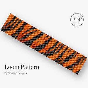 May include: A loom beading pattern for a bracelet with a tiger stripe design in orange, black, and brown. The pattern is available as a PDF download. Loom Pattern by Scarab Jewels.