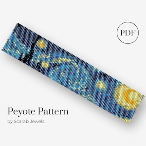 Peut inclure: Un motif de tissage en peyote pour un bracelet représentant un ciel étoilé de nuit avec des nuages tourbillonnants et des étoiles jaunes brillantes. Le motif est intitulé "Peyote Pattern" par Scarab Jewels et est disponible en téléchargement PDF.
