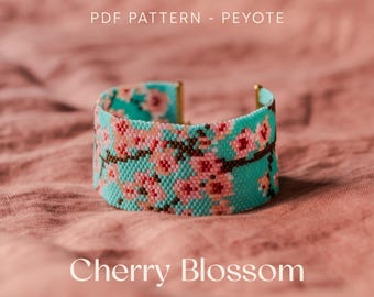 Motif fleurs de cerisier | Bracelet de perles peyotl | Motif de perles de manchette | Miyuki Delica | Téléchargement instantané PDF