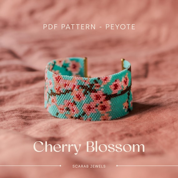 Cherry Blossom Pattern | Peyote Beading Bracelet | Cuff Bead Pattern | Miyuki Delica | PDF Instant Download