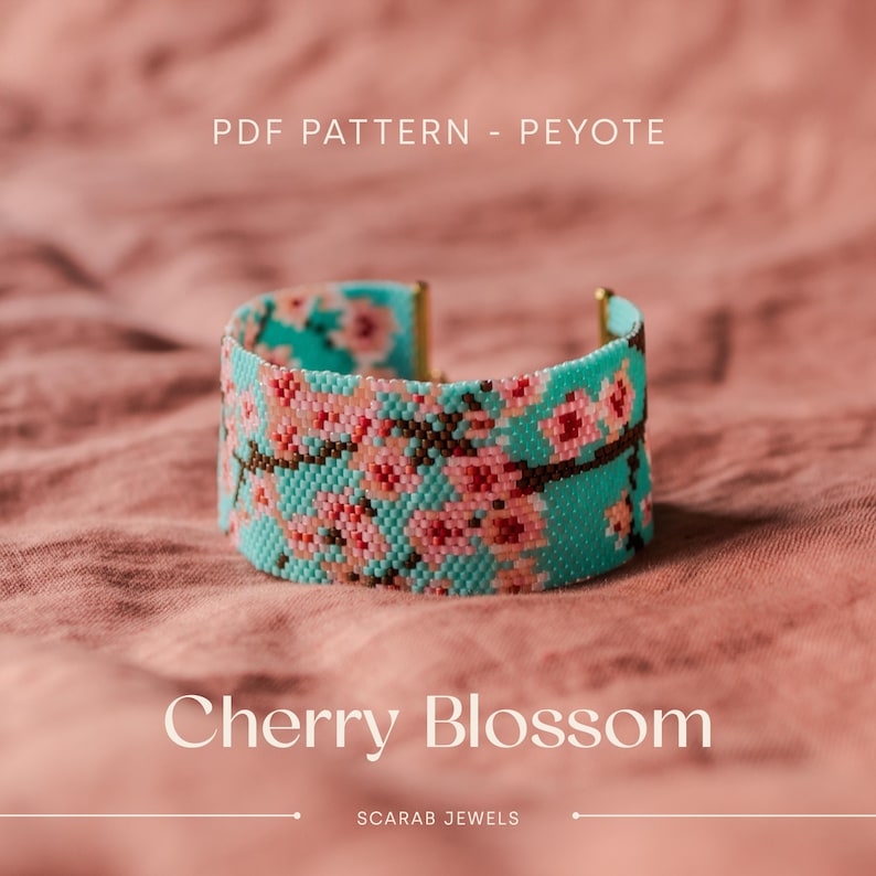 May include: PDF pattern for a beaded bracelet with a cherry blossom design. The bracelet is turquoise with pink flowers and brown branches. The pattern is for peyote stitch.