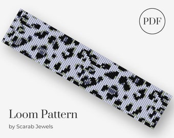 Patrón de leopardo de las nieves / Pulsera de abalorios con telar / Patrón de abalorios para puños / Miyuki Delica / Descarga instantánea en PDF