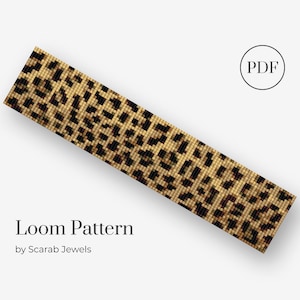Könnte beinhalten: Ein digitaler Download eines PDF-Musters für ein gewebtes Armband mit Leopardenmuster. Das Muster ist für ein Armband mit einem braunen, schwarzen und beigefarbenen Farbschema.