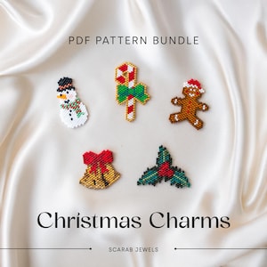 Christmas Set #1 - Brick Stitch Charms | Snowman Candy Cane Bells Holly Gingerbread Man | Peyote - 5 beading patterns | PDF Instant Download