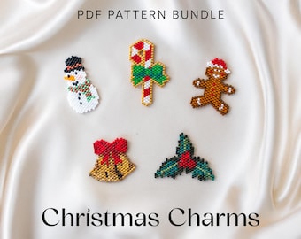 Kerstset #1: bedels met steensteek | Sneeuwpop Candy Cane Bells Holly Gingerbread Man | Peyote - 5 kralenpatronen | Pdf direct downloaden