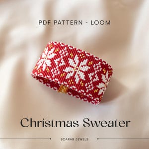 May include: A red and white beaded bracelet with a snowflake pattern. The bracelet is made with loom beading and has a gold clasp. The text "PDF PATTERN - LOOM" and "Christmas Sweater" is visible in the image.