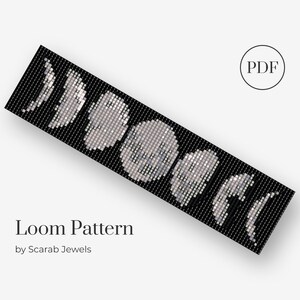May include: Black and white loom beading pattern for a bracelet featuring a series of moons in different phases. The pattern is labeled "Loom Pattern" and "by Scarab Jewels".