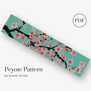 May include: A peyote stitch beading pattern featuring a delicate cherry blossom branch with pink flowers and black stems on a turquoise background. The pattern is labeled "Peyote Pattern by Scarab Jewels".