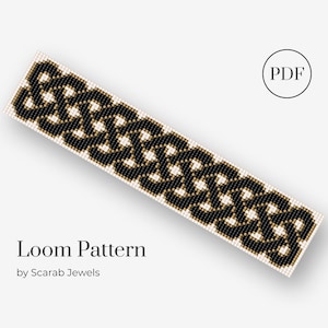May include: Black and gold loom beading pattern for a bracelet. The pattern features a repeating geometric design. The pattern is available as a PDF download.