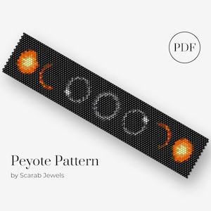 May include: A black and white peyote stitch beading pattern for a bracelet with orange and yellow beads. The pattern is called "Peyote Pattern" by Scarab Jewels and is available as a PDF download.
