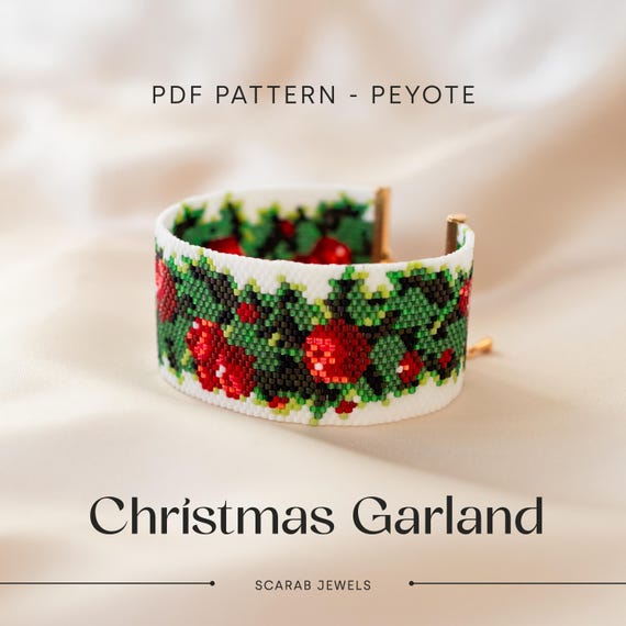Christmas Garland Pattern | Peyote Beading Bracelet | Cuff Bead Pattern | Miyuki Delica | PDF Instant Download