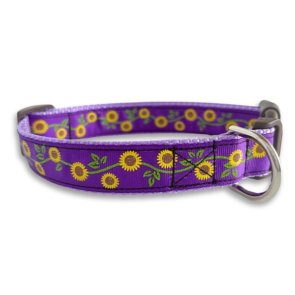 Sunflower Dog Collar, Medium & Large Adjustable Size, Summer Dog Collar, Fall Dog Collar, Purple, Blue