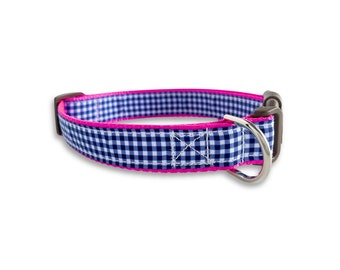Marinblått gingham hundhalsband, justerbar storlek, preppy rutigt hundhalsband
