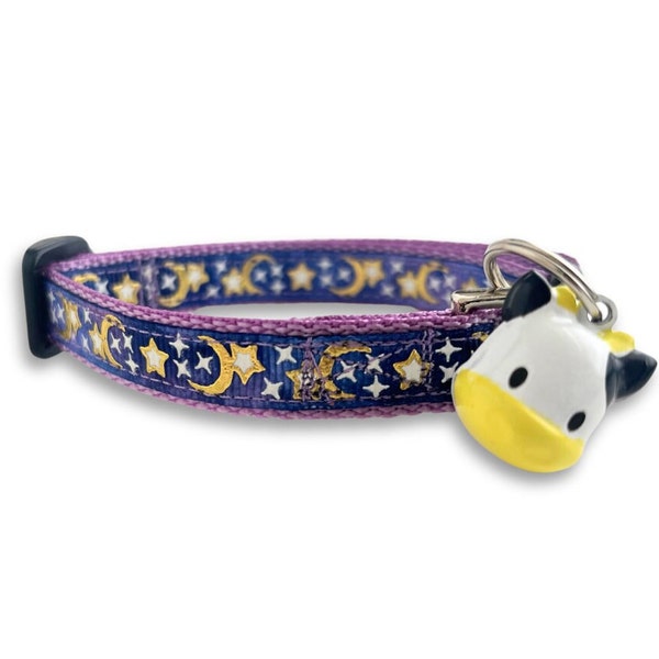 Purple Stars & Moon Dog Collar, Breakaway Cat Collar, Mini Teacup Dog Collar, Cow Bell, Lightweight Tiny Pet Collar, Cute Cat Collar