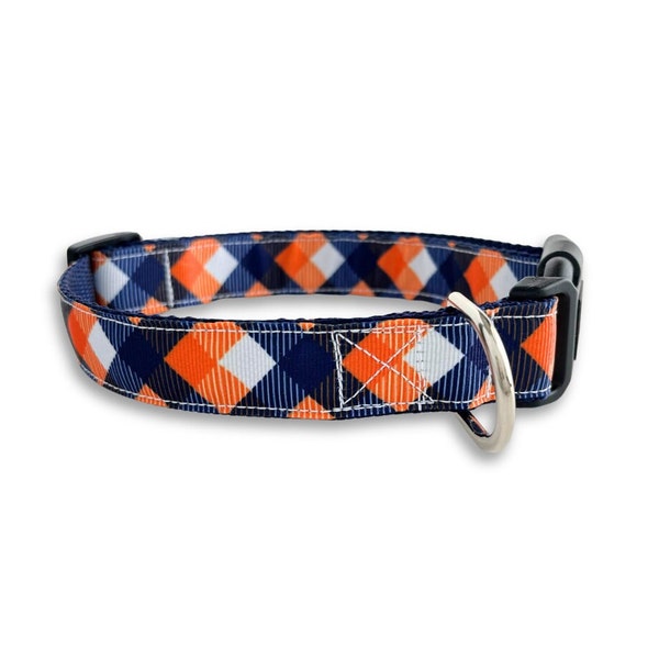 Blue and Orange Plaid Dog Collar, Medium & Large Adjustable Size Collar, Preppy Plaid Collar