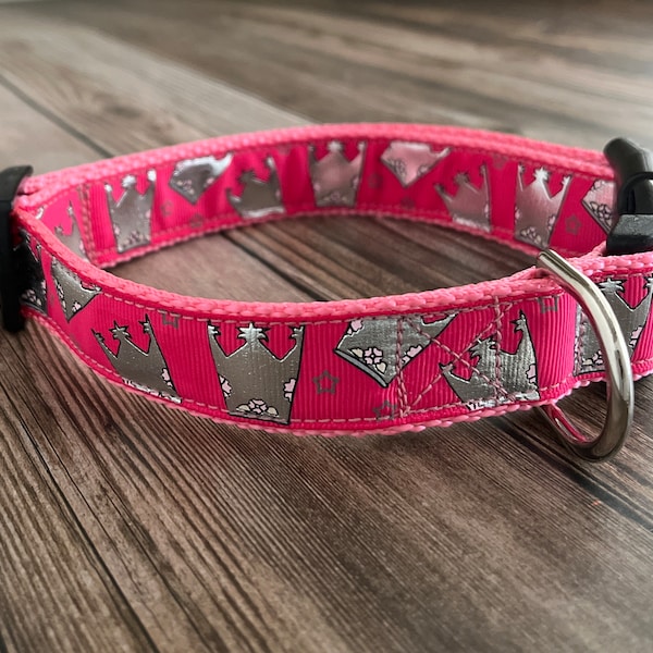 Pink Princess Dog Collar, Medium & Large Adjustable Size, Queen Dog Collar, Silver Crown Collar, Cute Dog Lover Gift, Dog Collar Girl