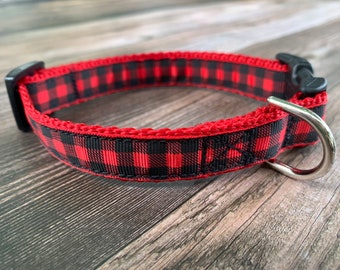 Red Buffalo Plaid Dog Collar, Medium & Large Adjustable Size, Classic Plaid Collar, Cute Dog Lover Gift, Christmas Dog Collar