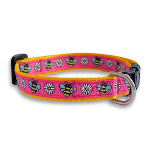 Pink Bee Collar, Breakaway Cat Collar, Mini Teacup Dog Collar, Honey Bee Lightweight Tiny Pet Collar, Cute Cat Collar, Cute Dog Collar