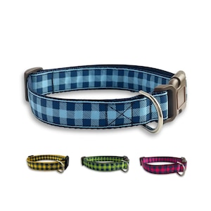 Buffalo Plaid Dog Collar, Medium, Large & X Large Adjustable Size, Preppy Plaid Collar available in teal blue, green, hot pink and yellow.