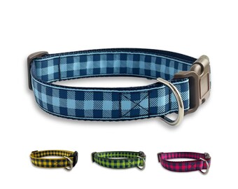 Buffalo Plaid Dog Collar, Medium, Large & X Large Adjustable Size, Preppy Plaid Collar available in teal blue, green, hot pink and yellow.