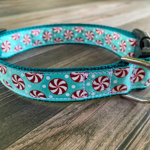 Peppermint Dog Collar, Medium & Large Adjustable Size, Turquoise, Christmas Candy, Holiday Spirit, Cute Dog Lover Gift