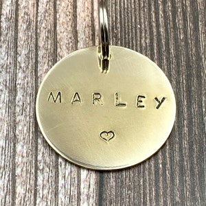 Pet ID Tags, 1.25&quot; Hand Stamped Pet Name Tag, Brass, Aluminum, Cute Dog & Cat Lover Gift
