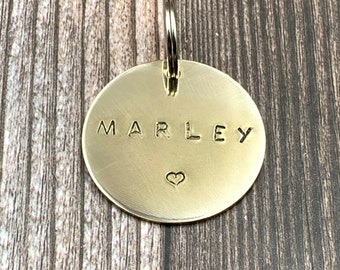 Pet ID Tags, 1.25" Hand Stamped Pet Name Tag, Brass, Aluminum, Cute Dog & Cat Lover Gift