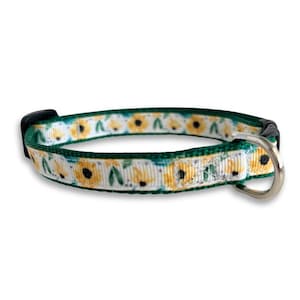Può includere: Un collare per cani verde e bianco con un motivo a girasole. Il collare ha una fibbia in metallo argentato.