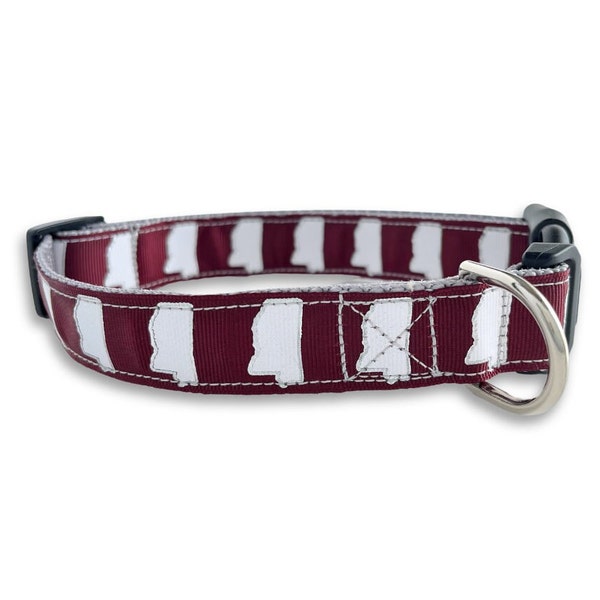 Mississippi Dog Collar, Medium and Large Adjustable Size, Maroon Collar, MSU, Bulldogs