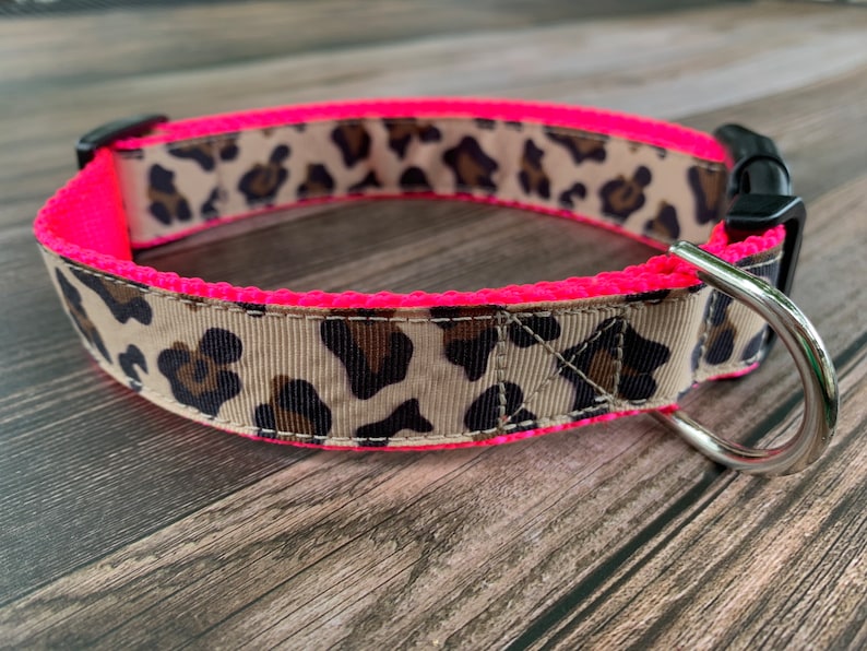 May include: A pink and brown leopard print dog collar with a silver D-ring.