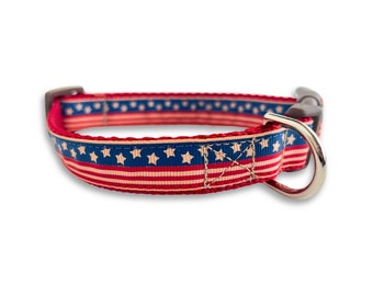 Americana Flag Dog Collar, Medium Adjustable Size, Red, White, Blue, USA Collar, Patriotic Dog