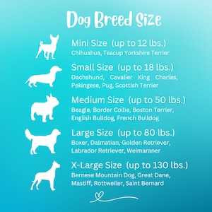 May include: A chart with silhouettes of dogs of different sizes, labeled with the size category and a list of dog breeds that fall into that category. The chart is on a blue and yellow gradient background.