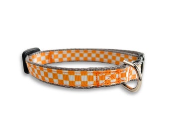 May include: Orange and white checkered dog collar with a silver metal buckle.