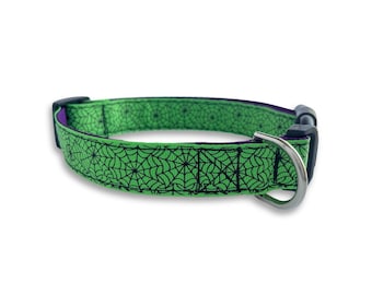Collare per cani con ragnatela verde e viola, taglia media e grande regolabile, collare per cani autunnale, collare per cani di Halloween