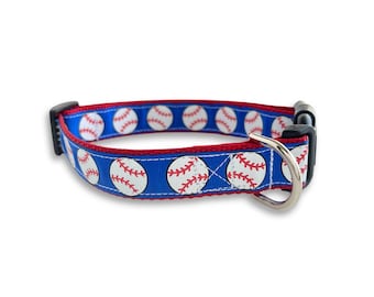 Baseball Dog Collar, Adjustable Size, Red, White & Blue Game Day Collar, Summer Dog Collar