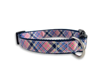 Pink and Navy Blue Plaid Dog Collar, Medium & Large Adjustable Size, Preppy Plaid Collar, Cute Dog Lover Gift
