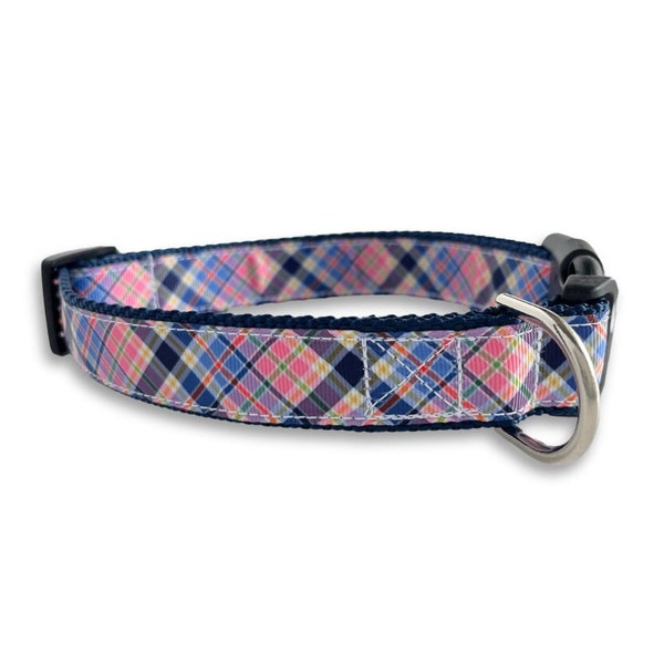 Pink and Navy Blue Plaid Dog Collar, Medium & Large Adjustable Size, Preppy Plaid Collar, Cute Dog Lover Gift