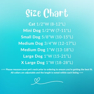 May include: Size chart for cat and dog collars, showing different sizes in inches. The chart lists the collar width and length for each size, including cat, mini dog, small dog, medium dog, large dog, and extra large dog.