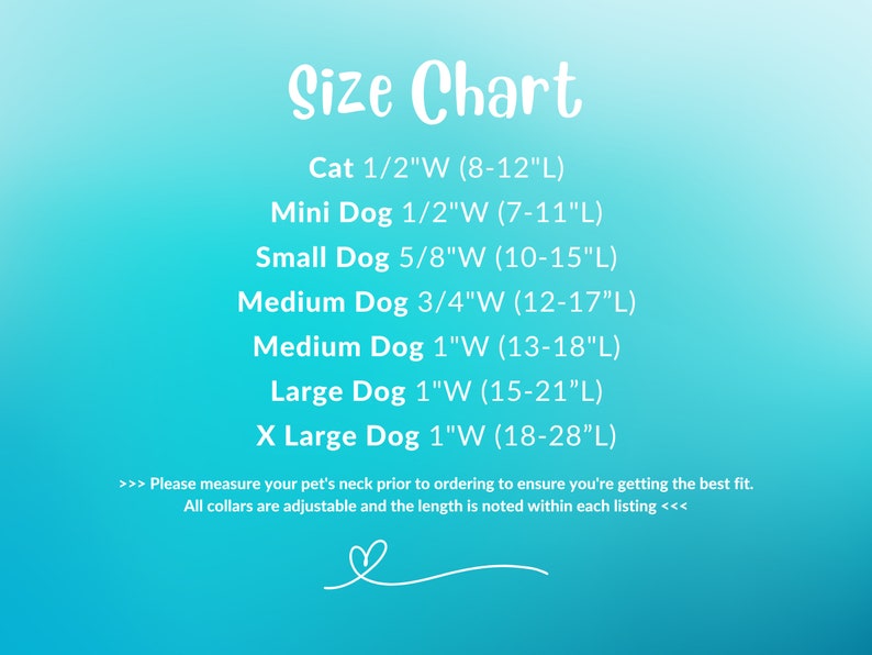 May include: Size chart for cat and dog collars, showing different sizes in inches. The chart lists the collar width and length for each size, including cat, mini dog, small dog, medium dog, large dog, and extra large dog.