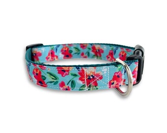 Colorful Turquoise Floral Dog Collar, Adjustable Size, Red Poppy Flower Collar, Tropical Flower